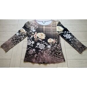 Lapis Y2K Women's Sz S 100% Cotton Floral Leopard Plaid W/ Crystals Crewneck Top